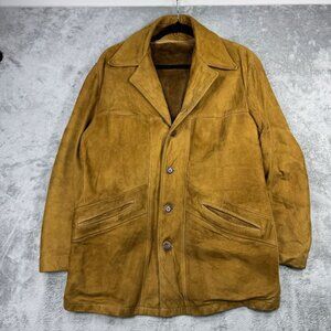 RARE Vintage 70s/80s Suede Leather Mens Coat Tan Faux Fur Trim Jacket Size 44